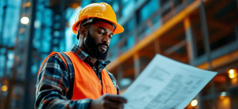 Engineer On Building Site Reading a Blue Print